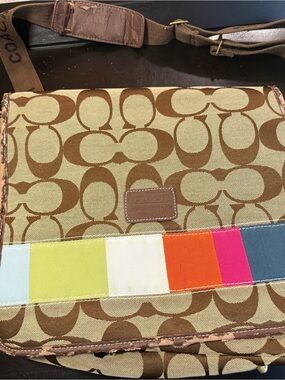 Coach Brown Signature Canvas Messenger with Multicolor Stripe